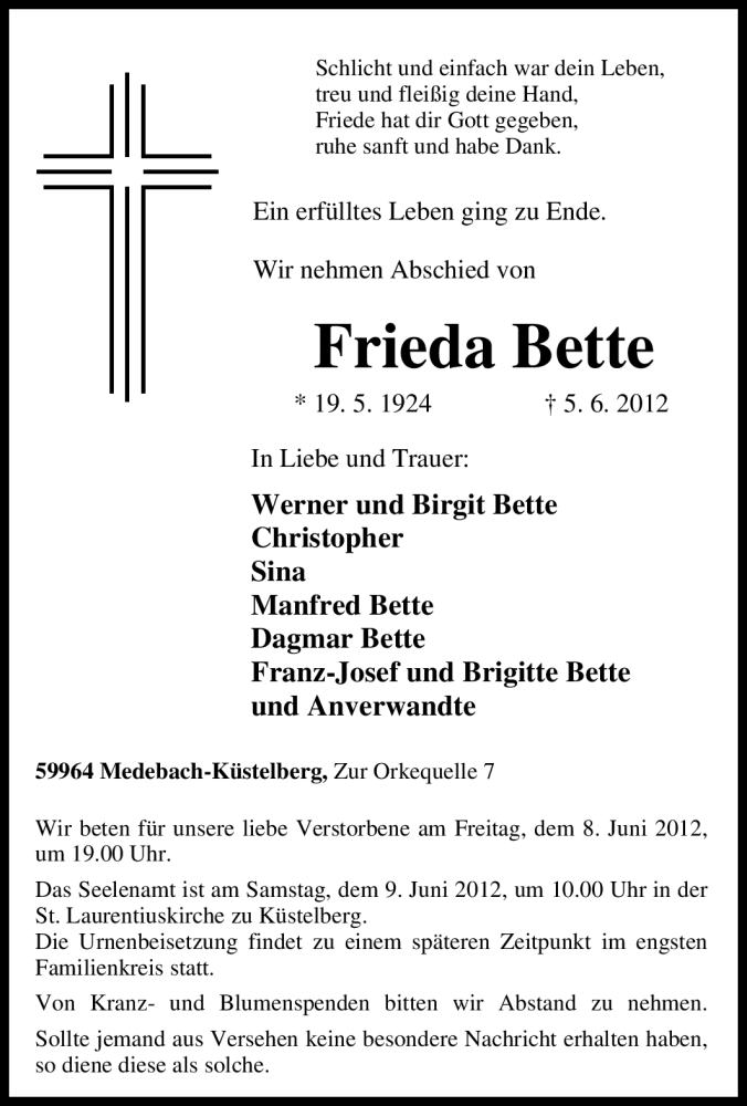  Traueranzeige für Frieda Bette vom 06.06.2012 aus Tageszeitung