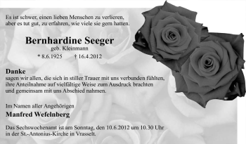 Traueranzeige von Bernhardine Seeger von Tageszeitung