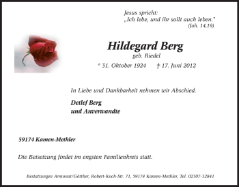 Traueranzeige von Hildegard Berg von Tageszeitung