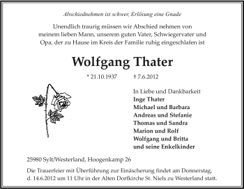 Traueranzeige von Wolfgang Thater von Tageszeitung