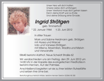 Traueranzeige von Ingrid Strätgen von Tageszeitung