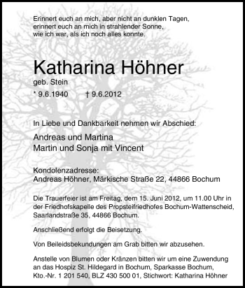Traueranzeige von Katharina Höhner von Tageszeitung
