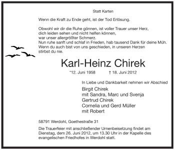 Traueranzeige von Karl-Heinz Chirek von Tageszeitung