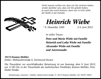 Traueranzeige von Heinrich Wiebe von Tageszeitung