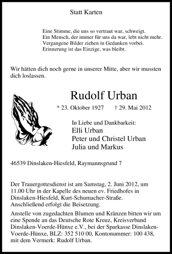 Traueranzeige von Rudolf Urban von Tageszeitung