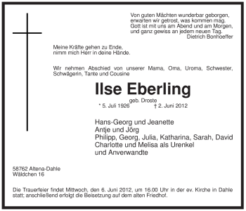 Traueranzeige von Ilse Eberling von Tageszeitung