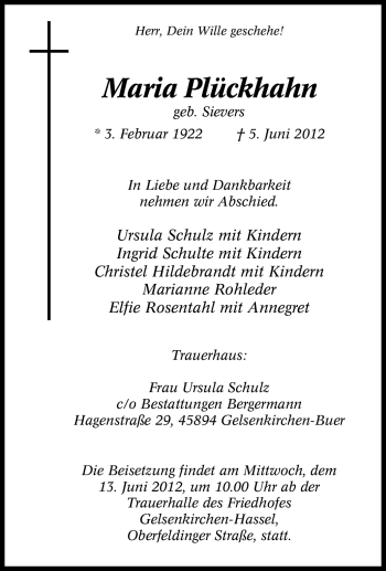 Traueranzeige von Maria Pückhahn von Tageszeitung