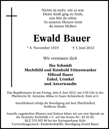 Traueranzeige von Ewald Bauer von Tageszeitung