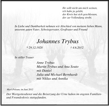 Traueranzeige von Johannes Trybus von Tageszeitung