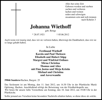 Traueranzeige von Johanna Wiethoff von Tageszeitung