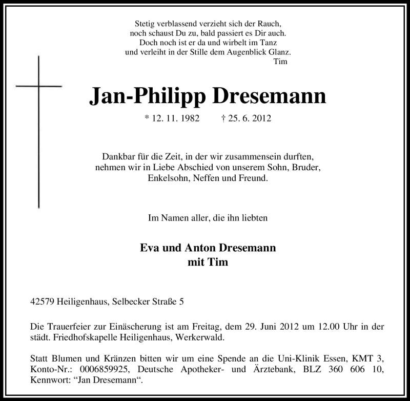  Traueranzeige für Jan-Philipp Dresemann vom 27.06.2012 aus Tageszeitung