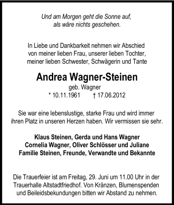 Traueranzeige von Andrea Wagner-Steinen von Tageszeitung