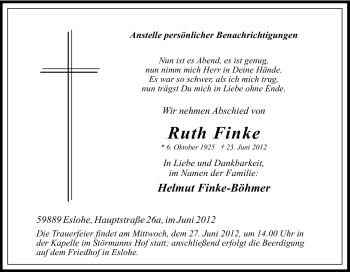 Traueranzeige von Ruth Finke von Tageszeitung
