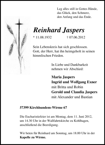 Traueranzeige von Reinhard Jaspers von Tageszeitung