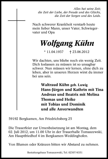 Traueranzeige von Wolfgang Kühn von Tageszeitung