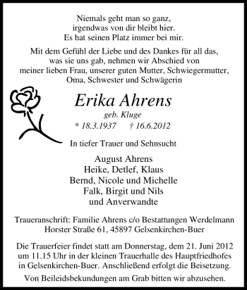 Traueranzeige von Erika Ahrens von Tageszeitung