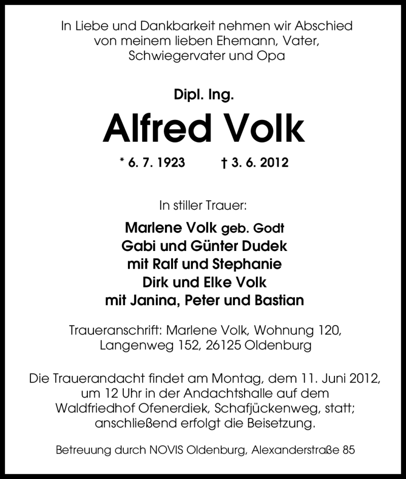  Traueranzeige für Alfred Volk vom 07.06.2012 aus Tageszeitung