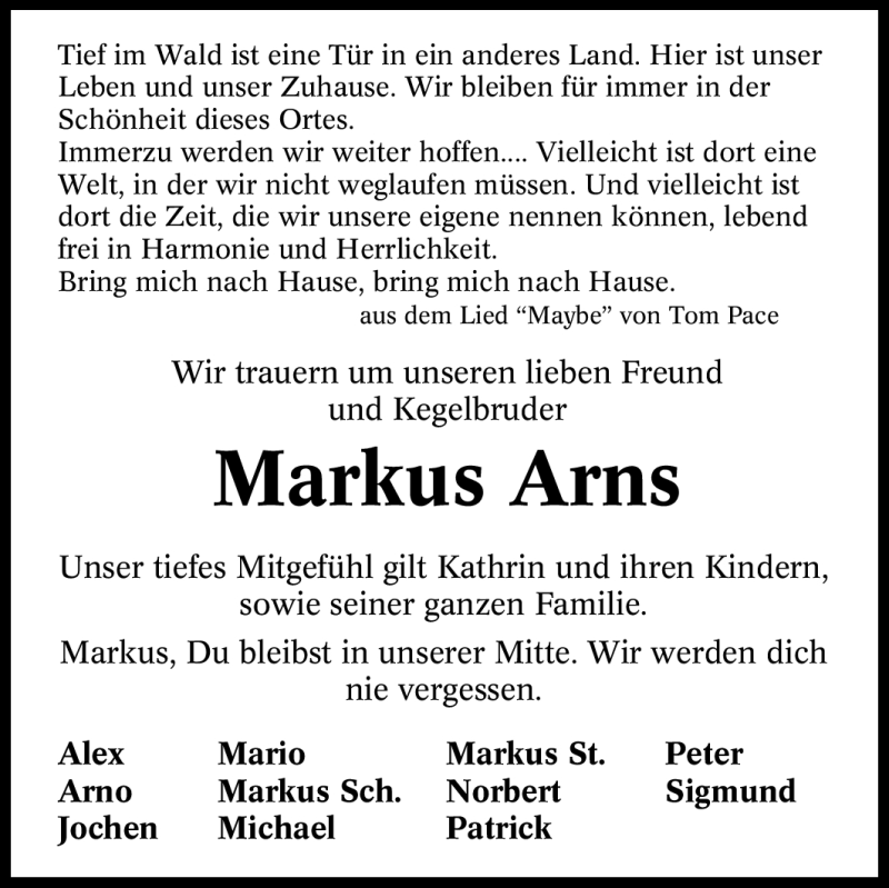  Traueranzeige für Markus Arns vom 26.06.2012 aus Tageszeitung