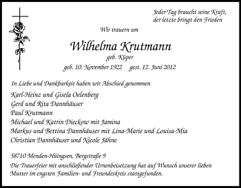 Traueranzeige von Wilhelma Krutmann von Tageszeitung