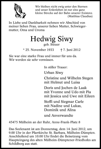 Traueranzeige von Hedwig Siwy von Tageszeitung