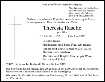 Traueranzeige von Theresia Rasche von Tageszeitung