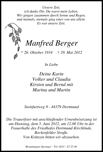 Traueranzeige von Manfred Berger von Tageszeitung