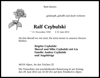 Traueranzeige von Ralf Czybulski von Tageszeitung