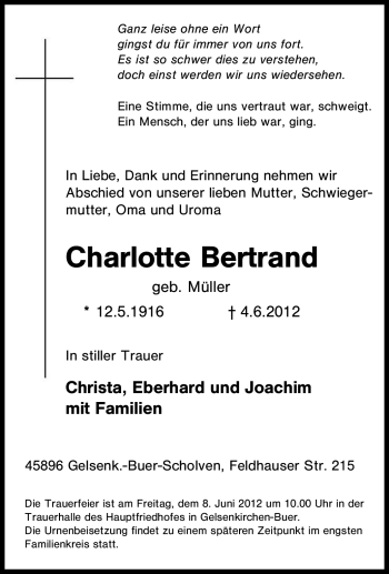 Traueranzeige von Charlotte Bertrand von Tageszeitung