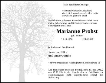 Traueranzeige von Marianne Probst von Tageszeitung