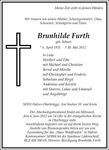 Traueranzeige von Brunhilde Furth von Tageszeitung