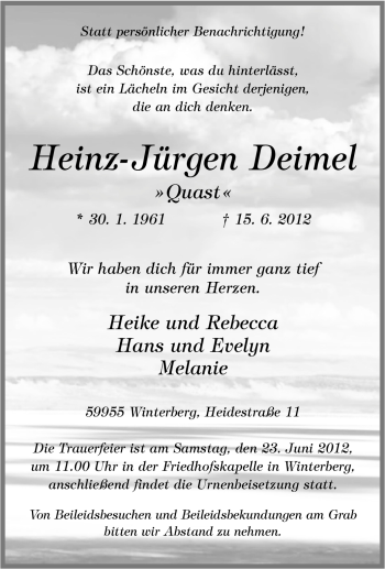 Traueranzeige von Heinz- Deimel von Tageszeitung