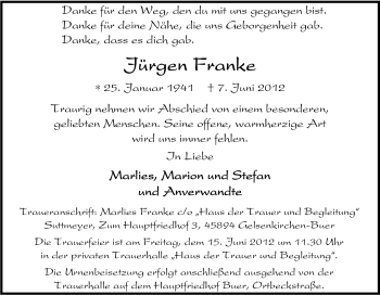 Traueranzeige von Jürgen Franke von Tageszeitung