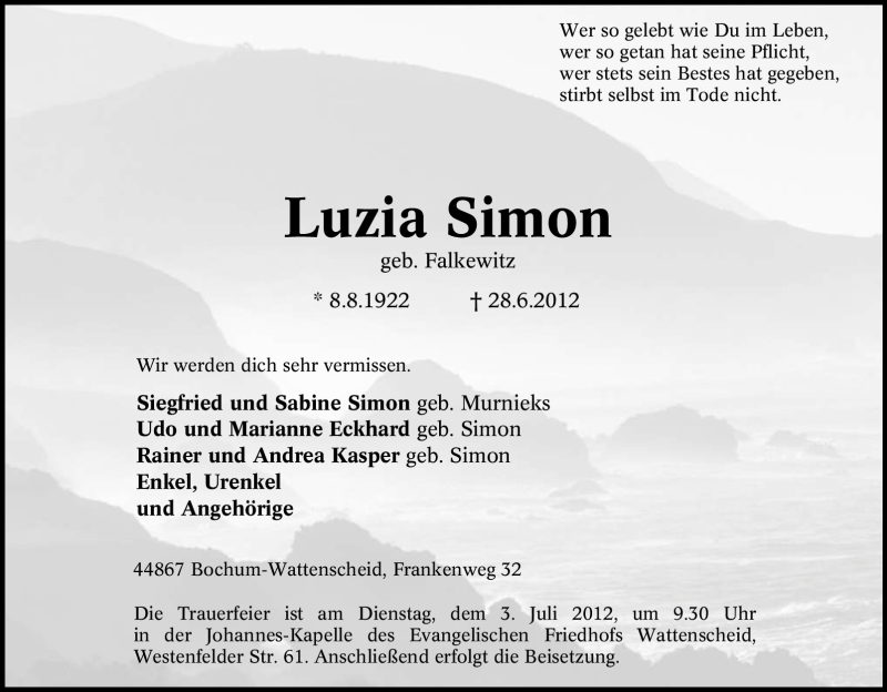  Traueranzeige für Luzia Simon vom 30.06.2012 aus Tageszeitung