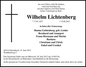 Traueranzeige von Wilhelm Lichtenberg von Tageszeitung