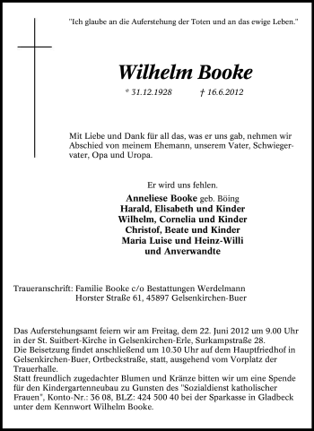 Traueranzeige von Wilhelm Booke von Tageszeitung