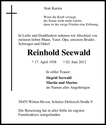 Traueranzeige von Reinhold Seewald von Tageszeitung