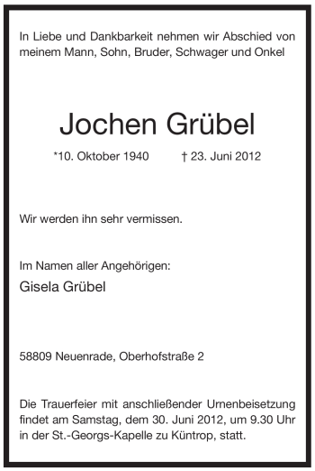 Traueranzeige von Jochen Grübel von Tageszeitung
