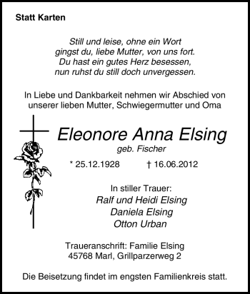 Traueranzeige von Eleonore Anna Elsing von Tageszeitung