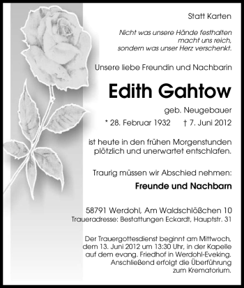Traueranzeige von Edith Gahtow von Tageszeitung