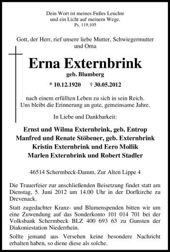 Traueranzeige von Erna Externbrink von Tageszeitung