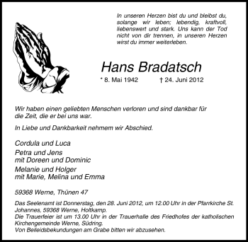 Traueranzeige von Hans Bradatsch von Tageszeitung
