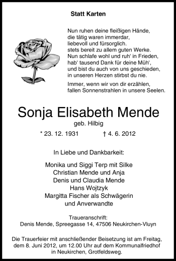 Traueranzeige von Sonja Elisabeth Mende von Tageszeitung