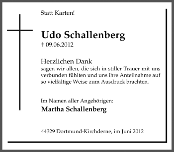 Traueranzeige von Udo Schallenberg von Tageszeitung