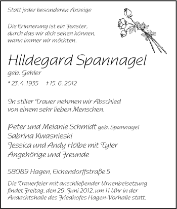 Traueranzeige von Hildegard Spannagel von Tageszeitung
