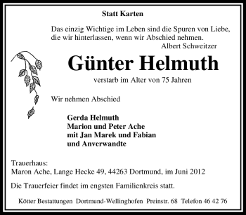 Traueranzeige von Günter Helmuth von Tageszeitung