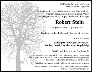 Traueranzeige von Robert Stehr von Tageszeitung