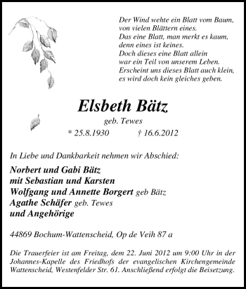 Traueranzeige von Elsbeth Bätz von Tageszeitung