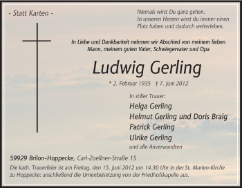 Traueranzeige von Ludwig Gerling von Tageszeitung
