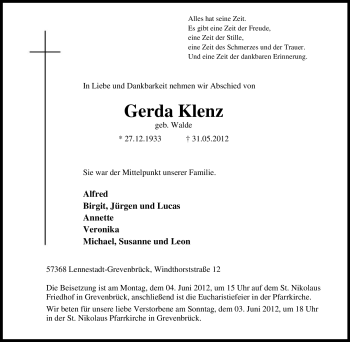 Traueranzeige von Gerda Klenz von Tageszeitung