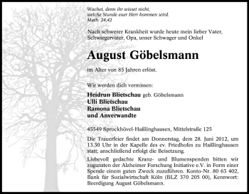 Traueranzeige von August Göbelsmann von Tageszeitung